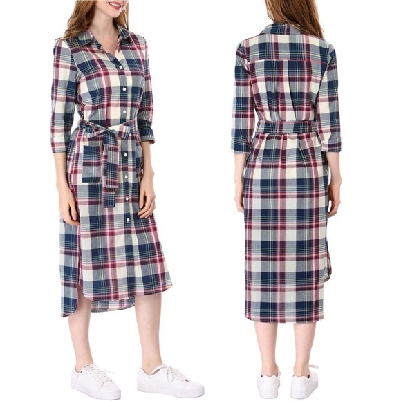 ALLEGRA K PLAID MIDI BELTED SHIRT DRESS 100% Cotton XSMALL NEW - Picture 1 of 14